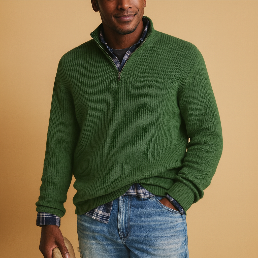 Warm wool sweater for men in dark blue, gray, and beige tones, featuring a timeless design and premium insulation for cold winter days.