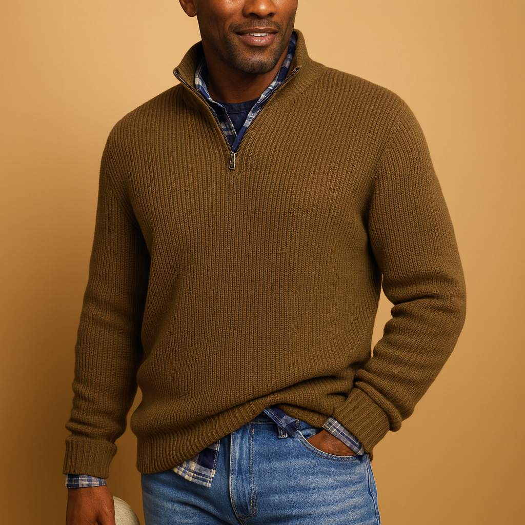 Warm wool sweater for men in dark blue, gray, and beige tones, featuring a timeless design and premium insulation for cold winter days.