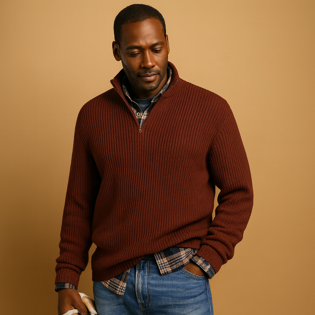 Warm wool sweater for men in dark blue, gray, and beige tones, featuring a timeless design and premium insulation for cold winter days.