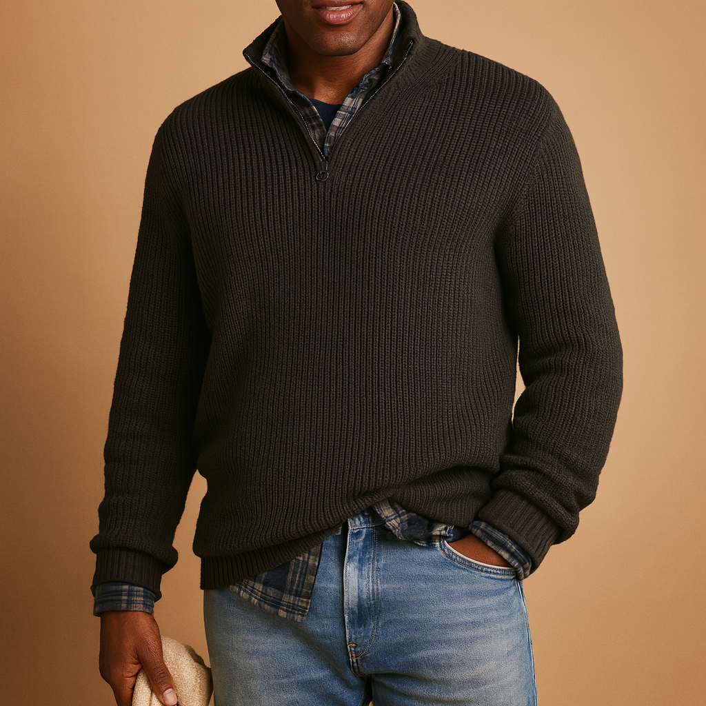 Warm wool sweater for men in dark blue, gray, and beige tones, featuring a timeless design and premium insulation for cold winter days.