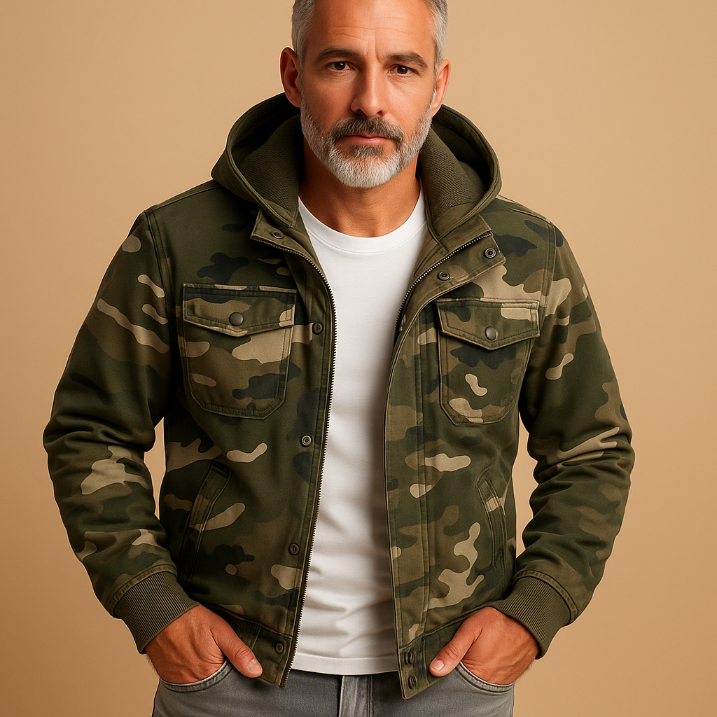 Men’s waterproof camouflage jacket with adjustable cuffs and deep pockets, suitable for outdoor activities, adventure, and everyday wear.