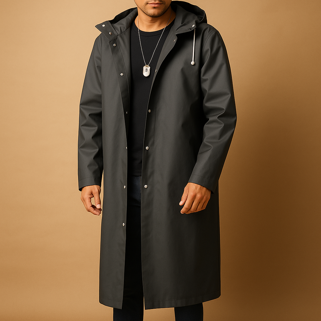 Men’s waterproof long raincoat in black with comfortable fit, ideal for rain, walking, camping, and outdoor activities.