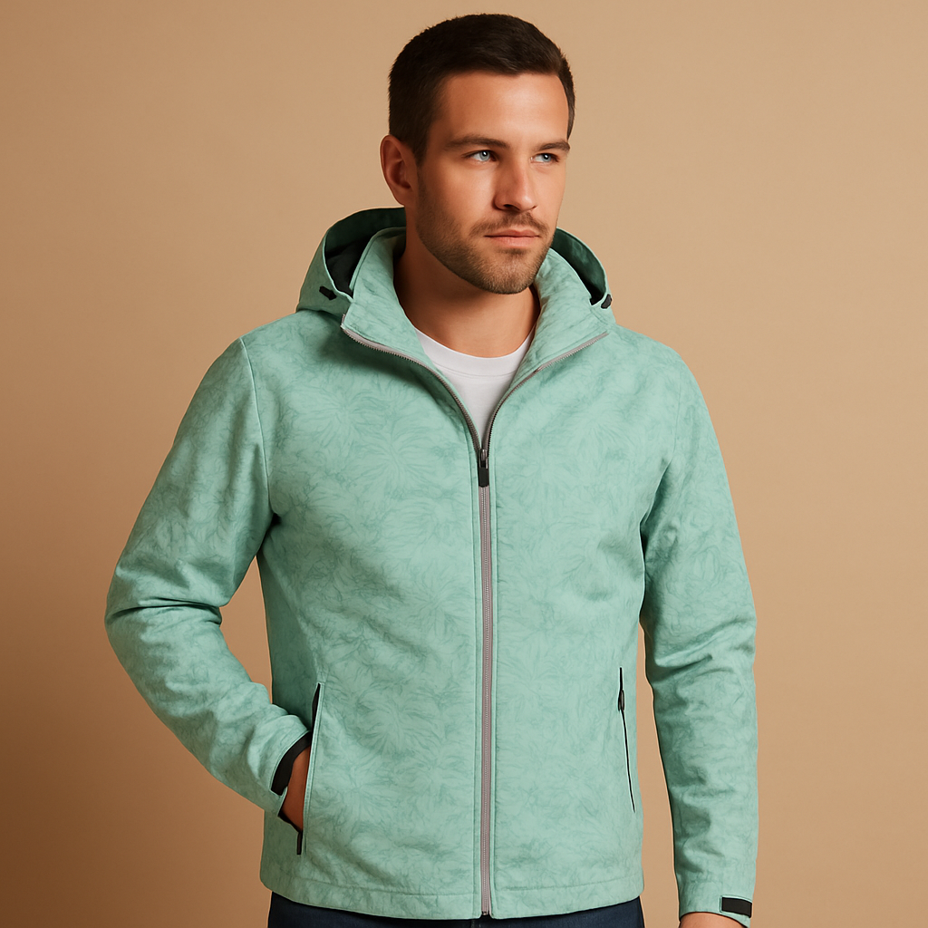 Men’s waterproof outdoor jacket with breathable fabric, adjustable hood, and modern leaf pattern for daily and outdoor activities.