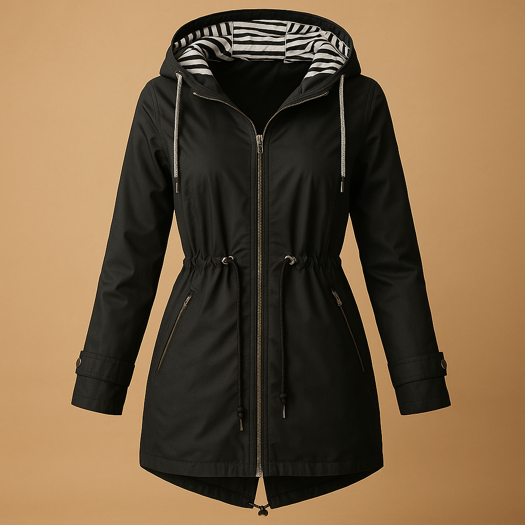 Women’s waterproof parka jacket with adjustable waist, windproof outer layer, and practical pockets, suitable for daily wear and rainy weather.