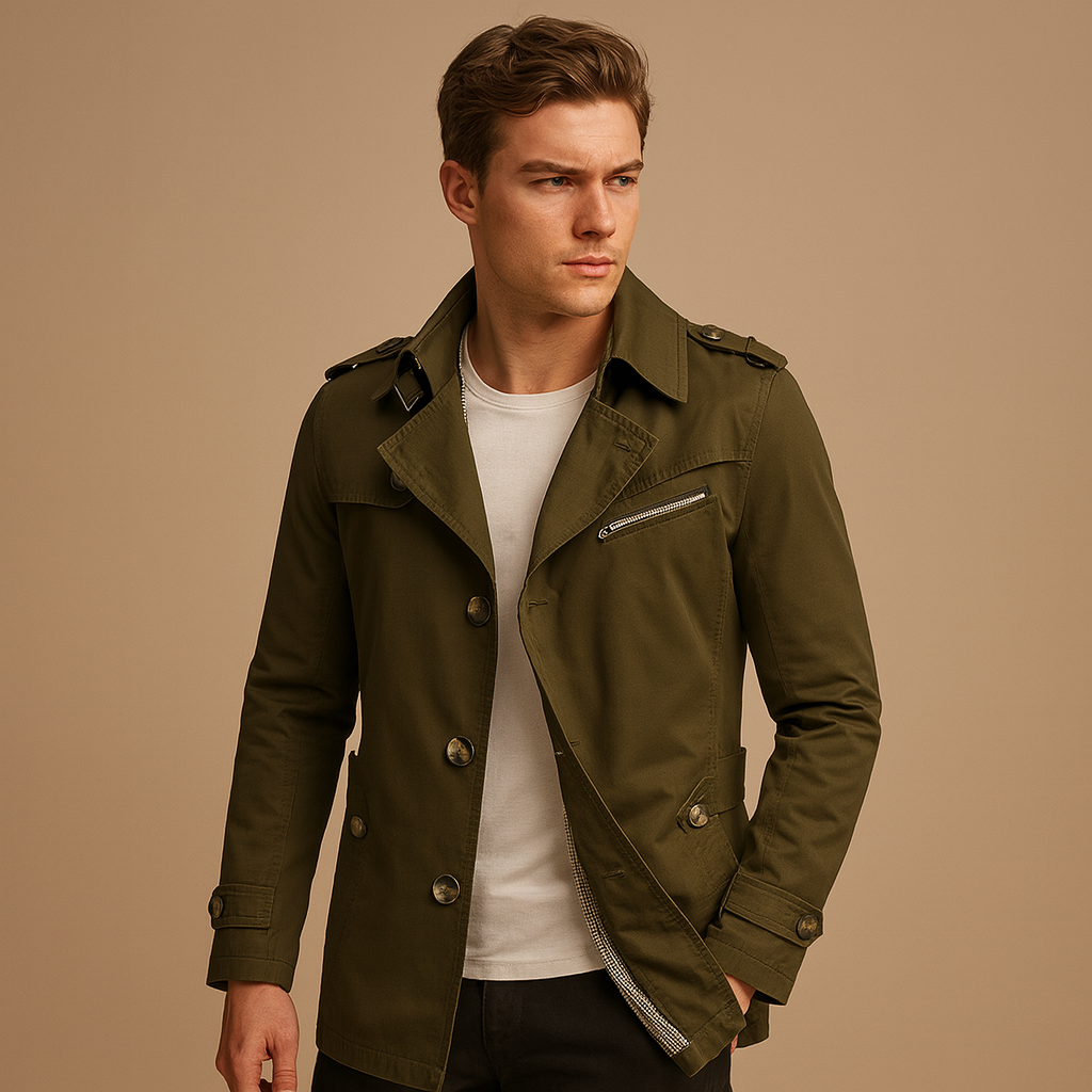 Waterproof trench coat for men with a classic double-breasted design, perfect for staying dry and stylish in all seasons.