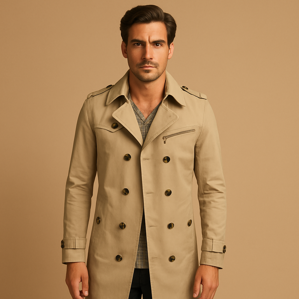 Waterproof trench coat for men with a classic double-breasted design, perfect for staying dry and stylish in all seasons.