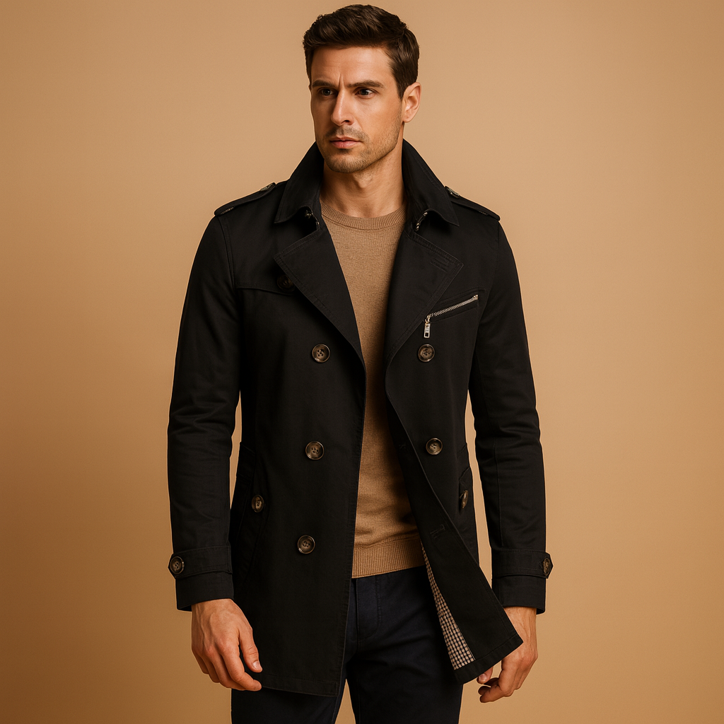 Waterproof trench coat for men with a classic double-breasted design, perfect for staying dry and stylish in all seasons.