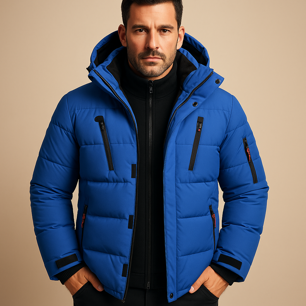 Men’s waterproof winter jacket with insulating lining, adjustable hood, and practical pockets for cold and rainy weather.
