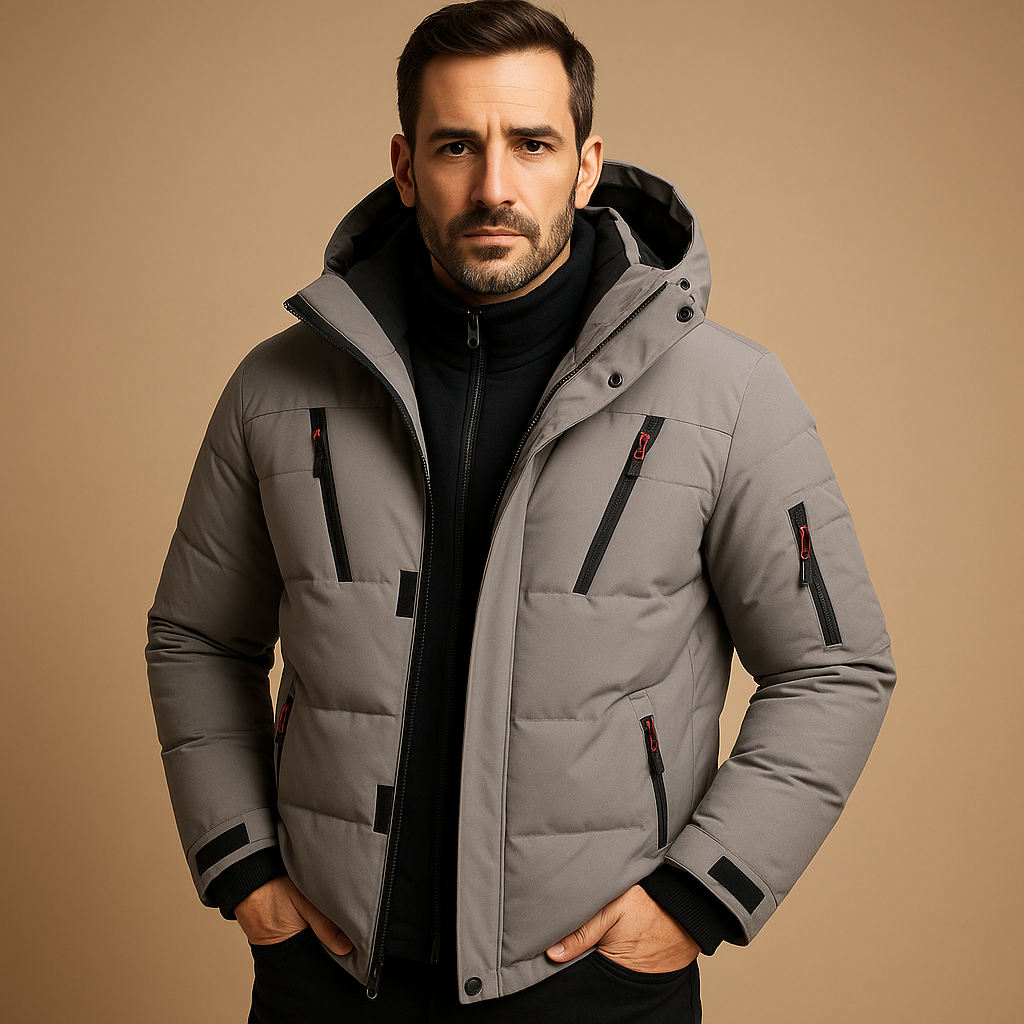 Men’s waterproof winter jacket with insulating lining, adjustable hood, and practical pockets for cold and rainy weather.