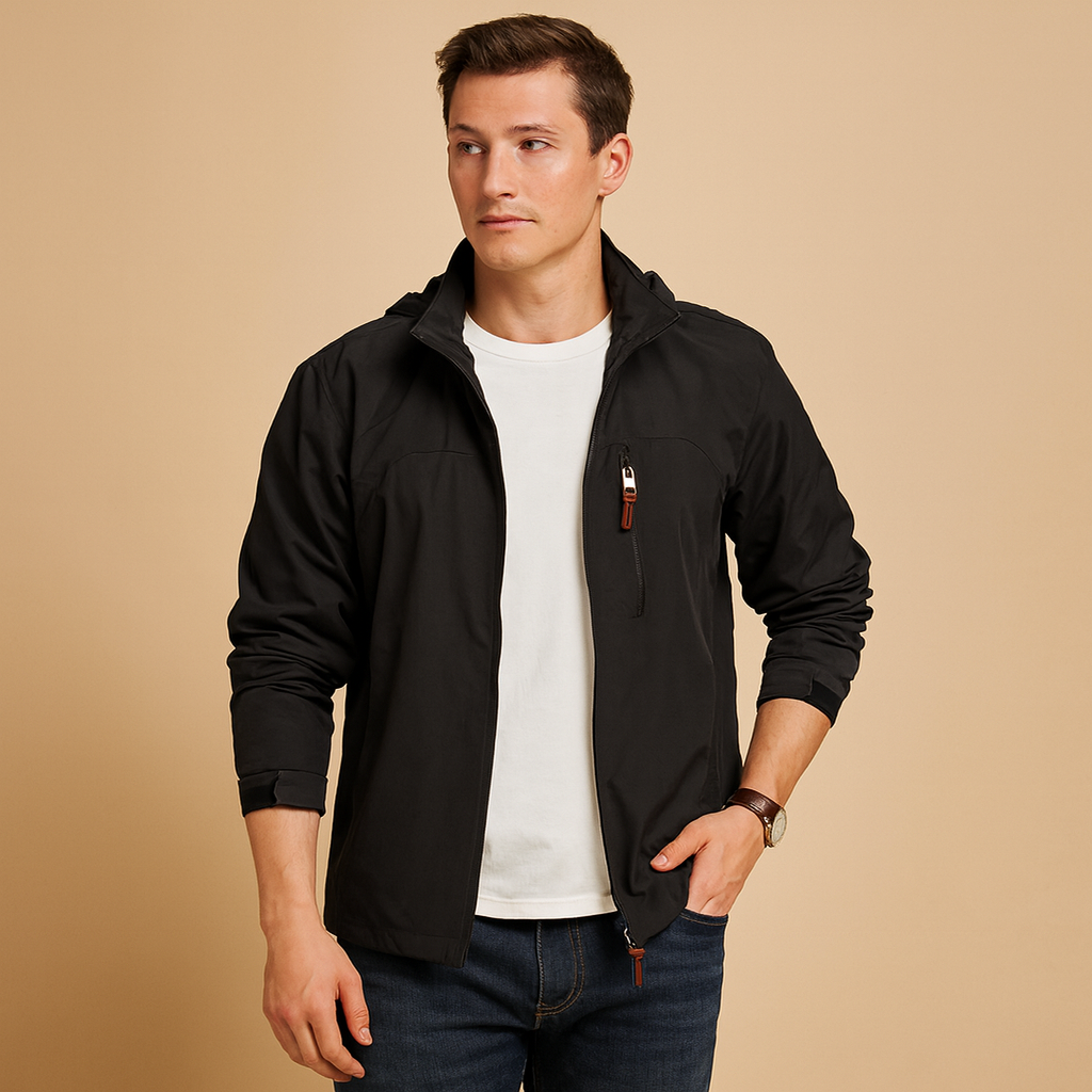 Wind and waterproof jacket for men with military-inspired design and adjustable fit, ideal for outdoor activities and daily wear.