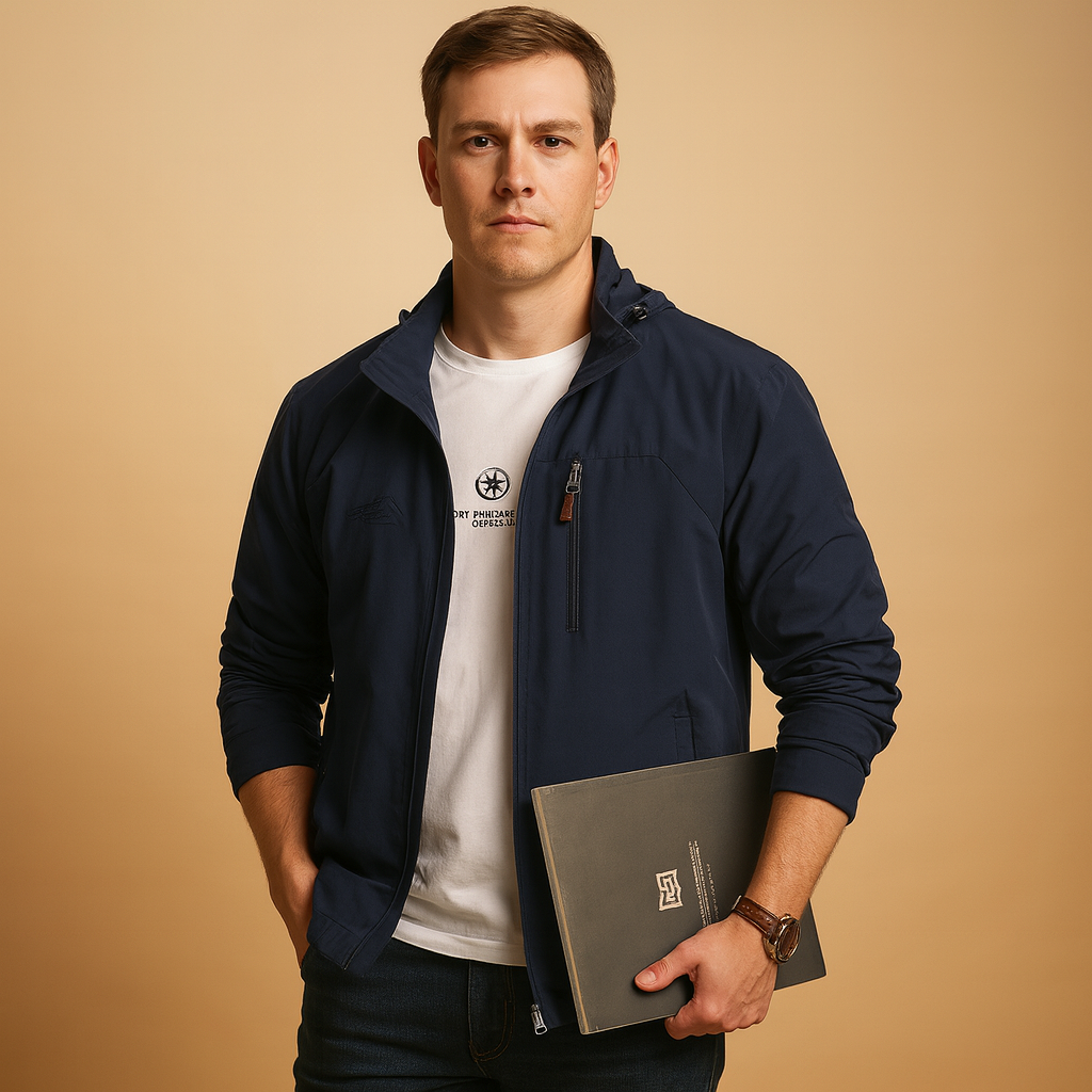 Wind and waterproof jacket for men with military-inspired design and adjustable fit, ideal for outdoor activities and daily wear.