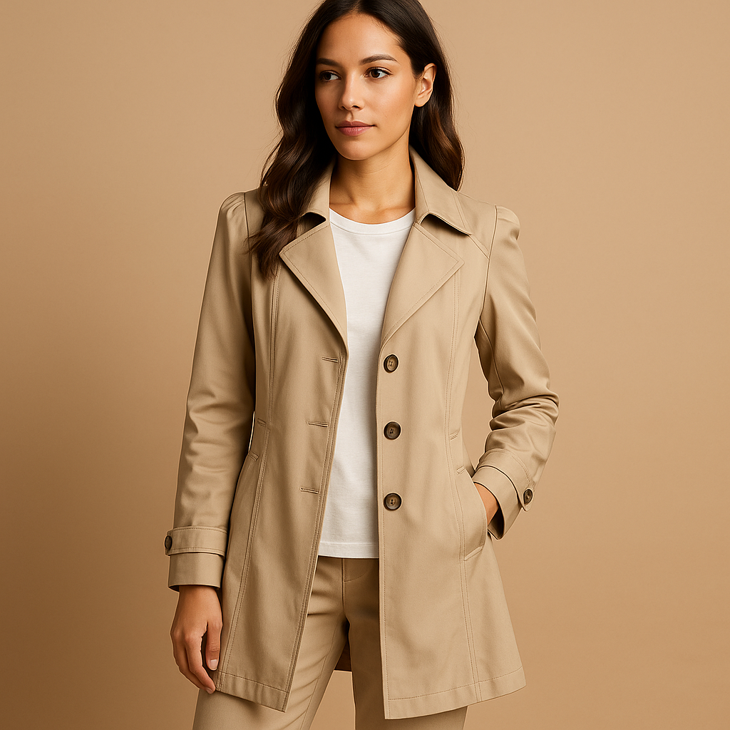 Women’s windproof raincoat with an adjustable waist and hood, suitable for everyday wear, work, and protection from rain and wind.