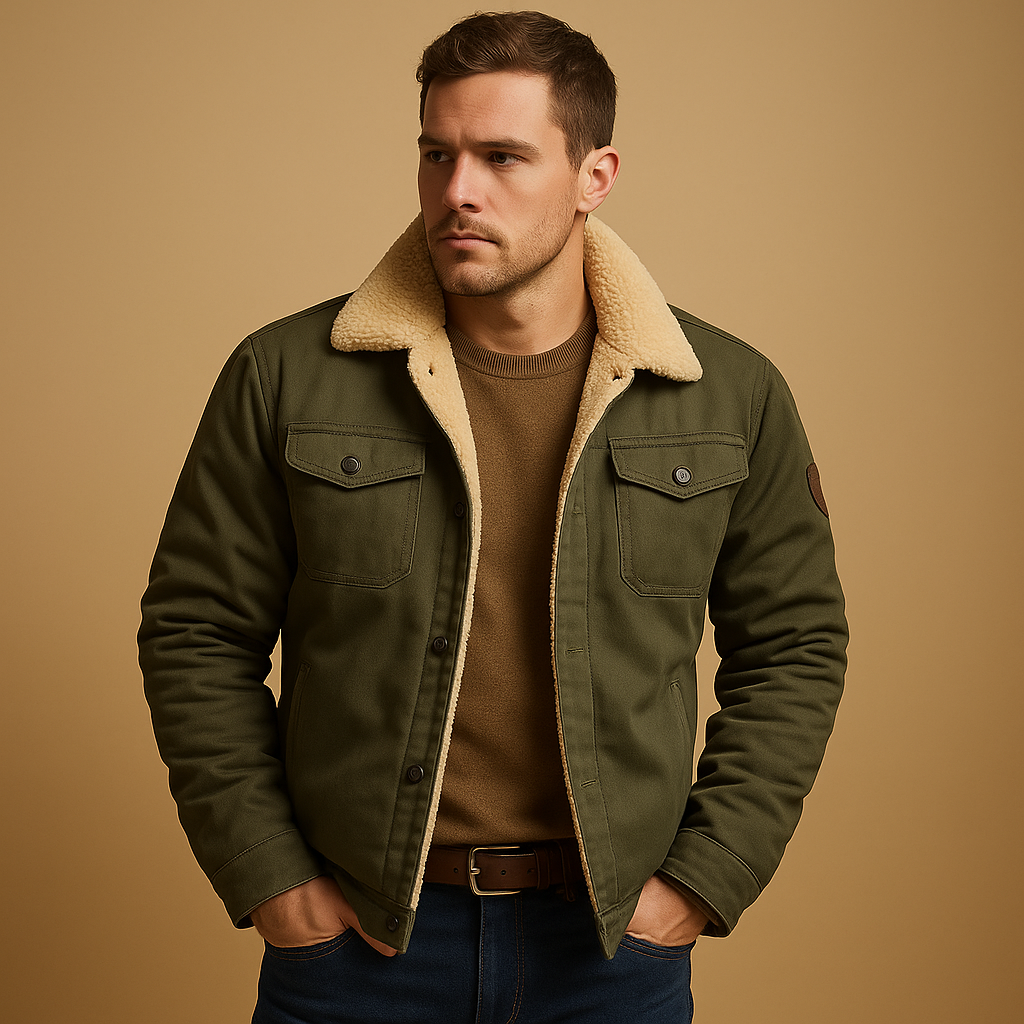 Men’s winter bomber jacket with ribbed cuffs and insulated lining, perfect for casual looks and cold-weather comfort.