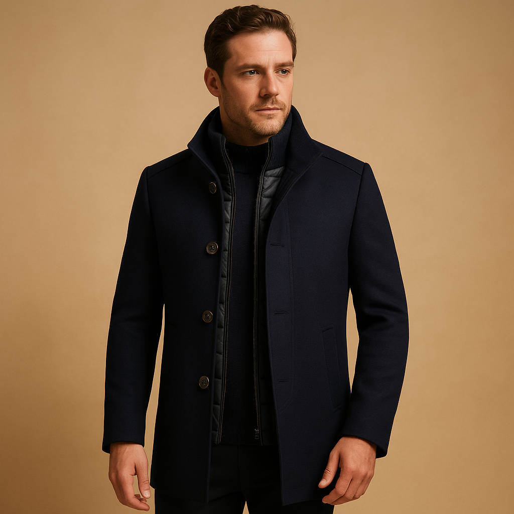 Elegant wool coat for men with slim single-breasted fit and mandarin collar, perfect for formal occasions and everyday winter wear.