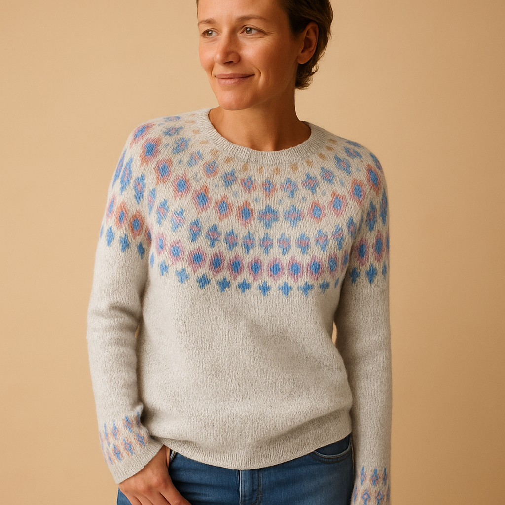 Women’s wool sweater with unique print, classic neckline, and cozy fit. Perfect for casual days or elegant outfits in cooler seasons.