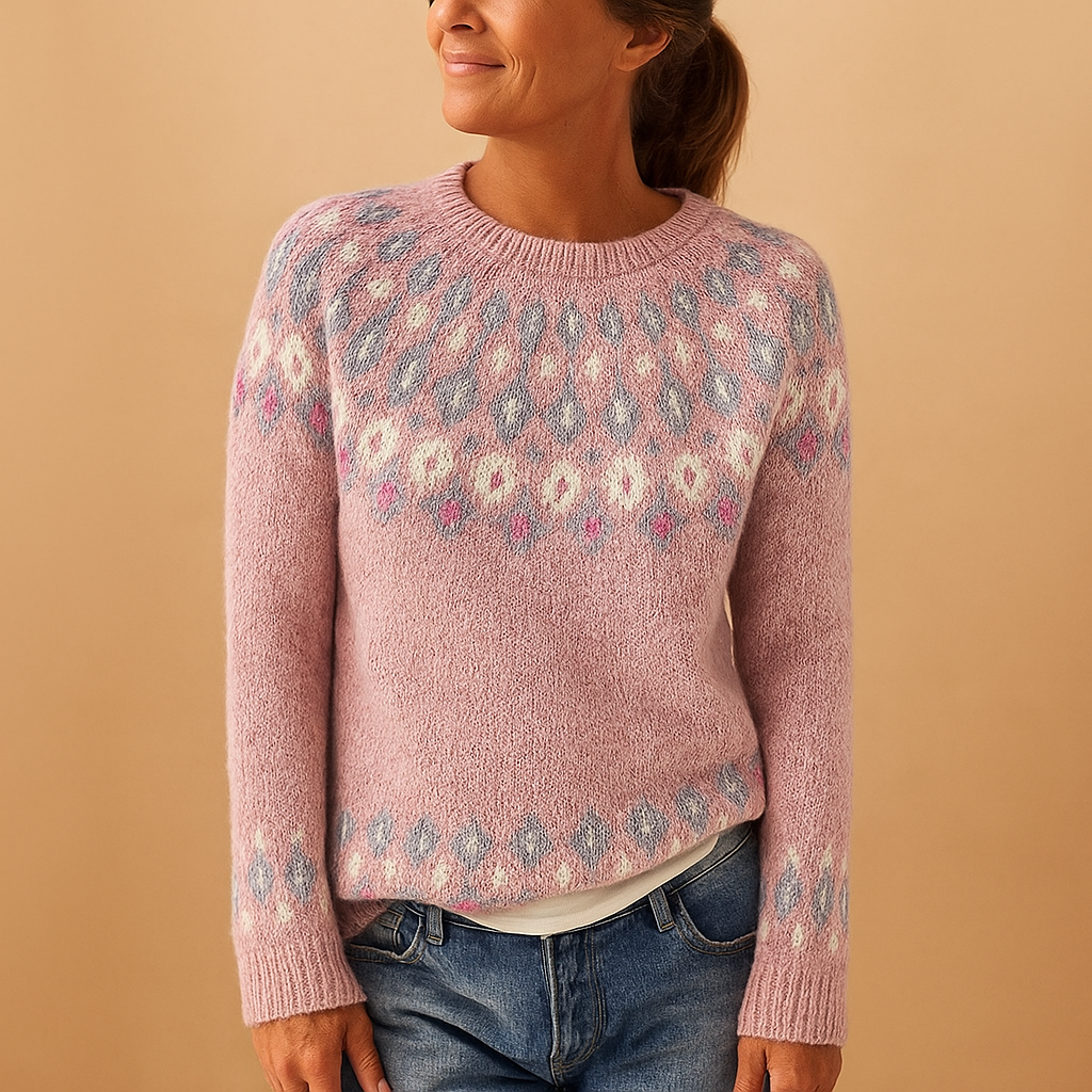 Women’s wool sweater with unique print, classic neckline, and cozy fit. Perfect for casual days or elegant outfits in cooler seasons.