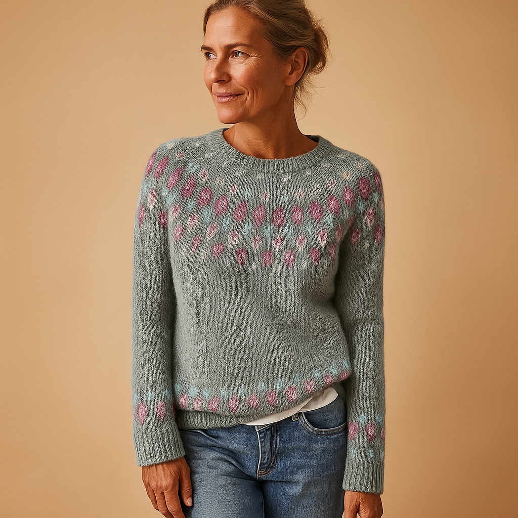 Women’s wool sweater with unique print, classic neckline, and cozy fit. Perfect for casual days or elegant outfits in cooler seasons.