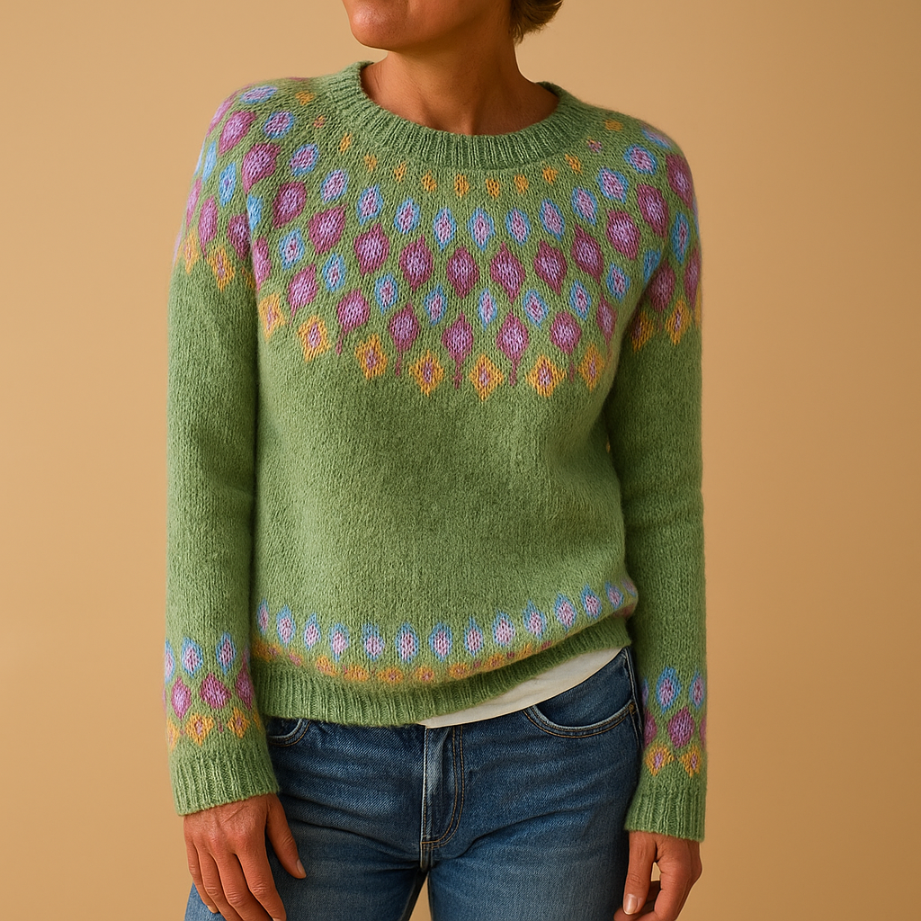 Women’s wool sweater with unique print, classic neckline, and cozy fit. Perfect for casual days or elegant outfits in cooler seasons.