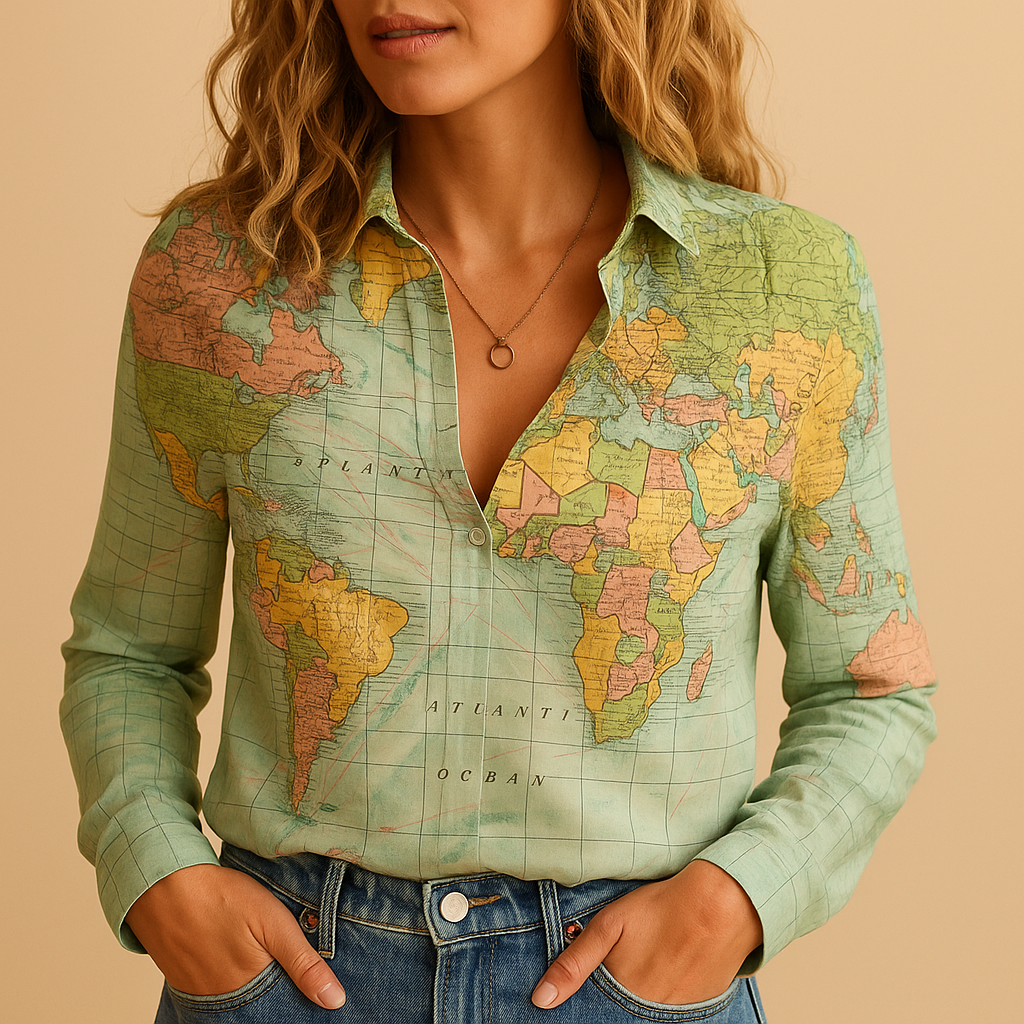 Women’s green blouse with a world map print and half button placket, suitable for travel outfits, casual looks, and everyday wear.