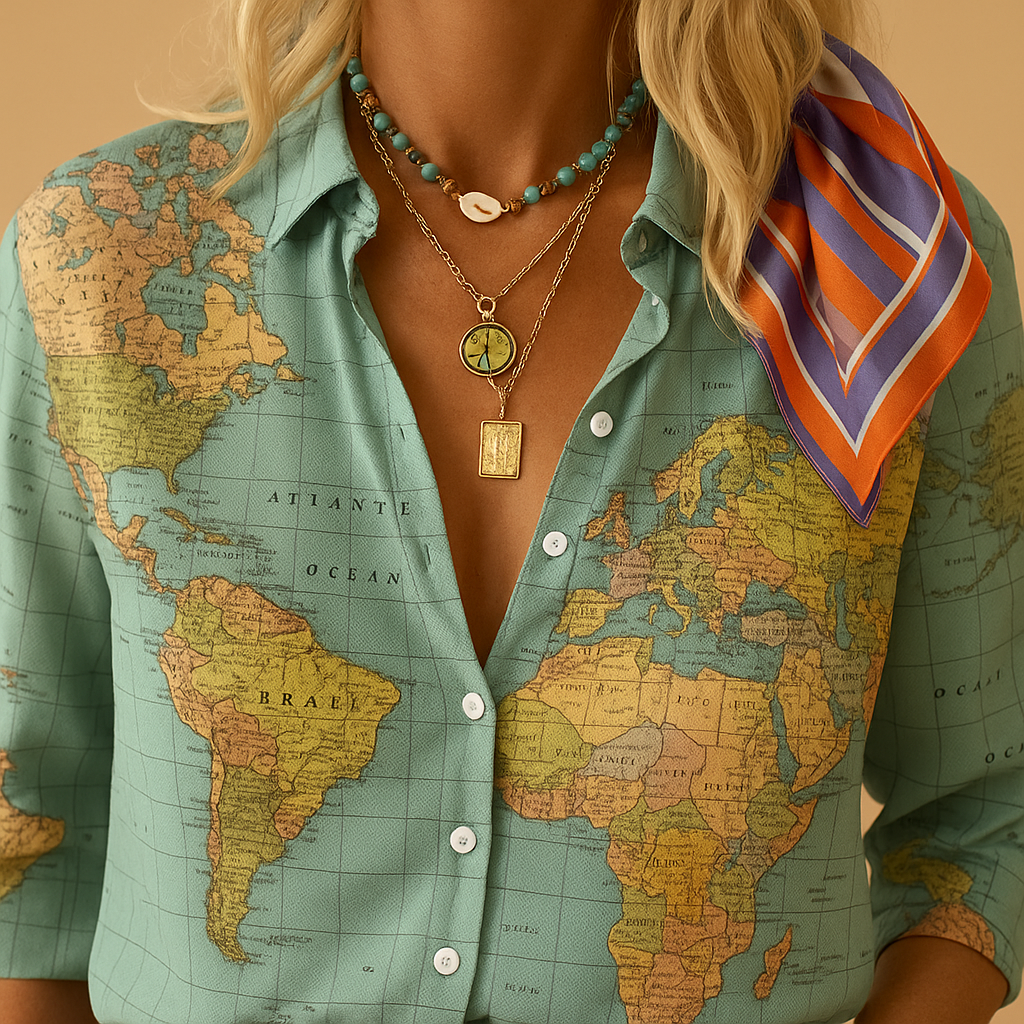 Women’s green blouse with a world map print and half button placket, suitable for travel outfits, casual looks, and everyday wear.