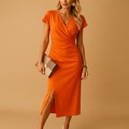Elegant V-neck midi dress for women with front slit and flowing fit, ideal for daily use, dinners, and festive occasions.