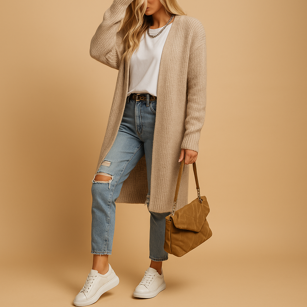 Women's classic knitted cardigan with a relaxed fit and open front, perfect for layering, casual wear, or cozy winter evenings.