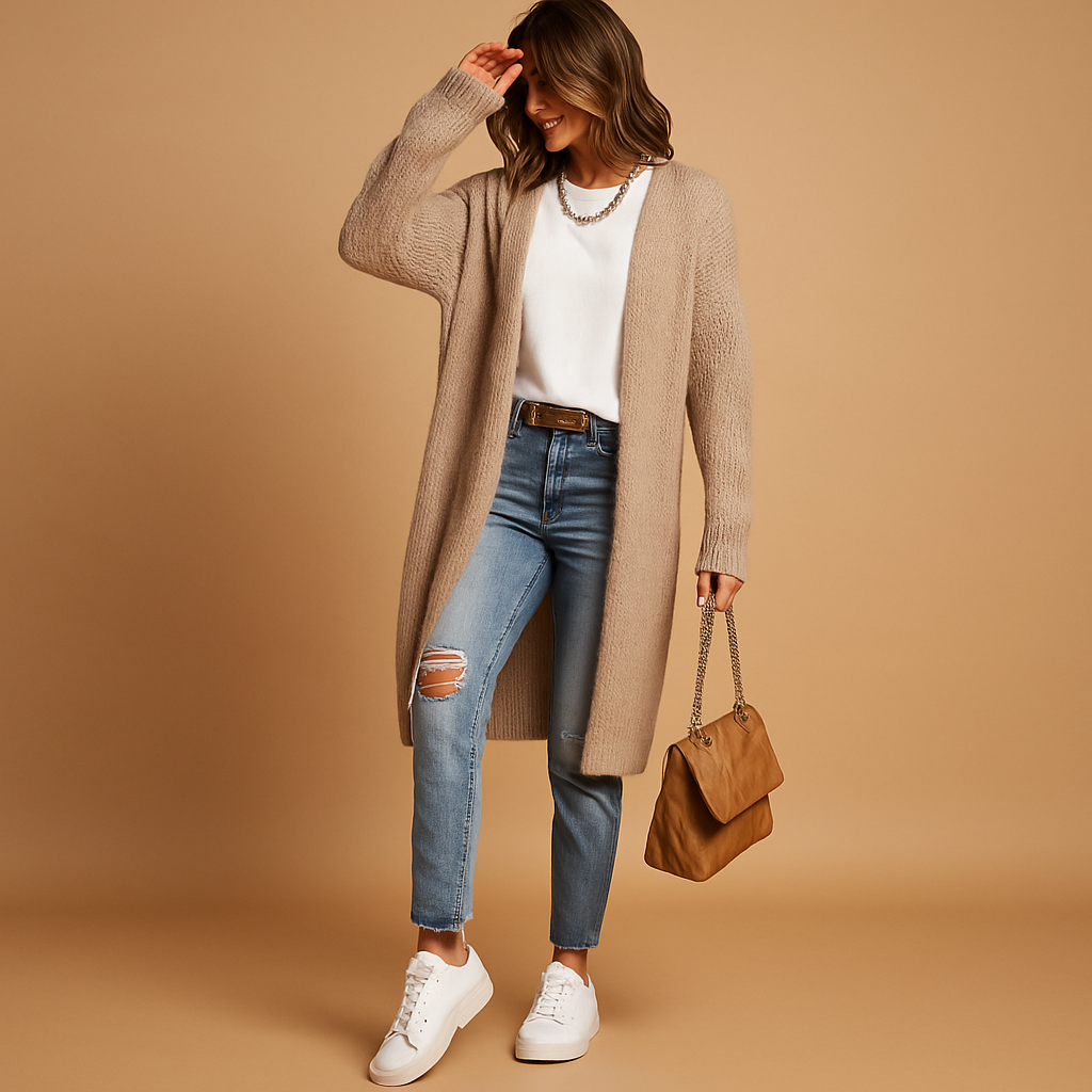 Women's classic knitted cardigan with a relaxed fit and open front, perfect for layering, casual wear, or cozy winter evenings.