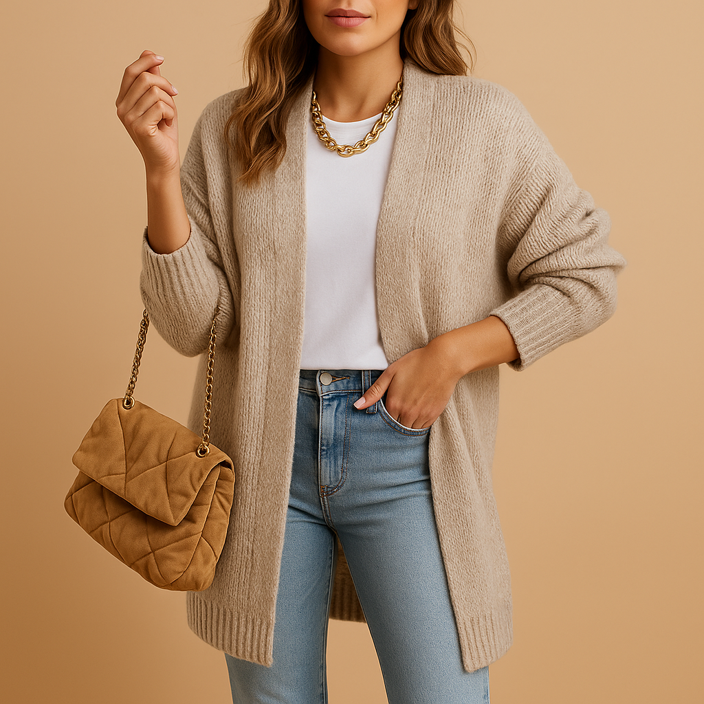 Women's classic knitted cardigan with a relaxed fit and open front, perfect for layering, casual wear, or cozy winter evenings.
