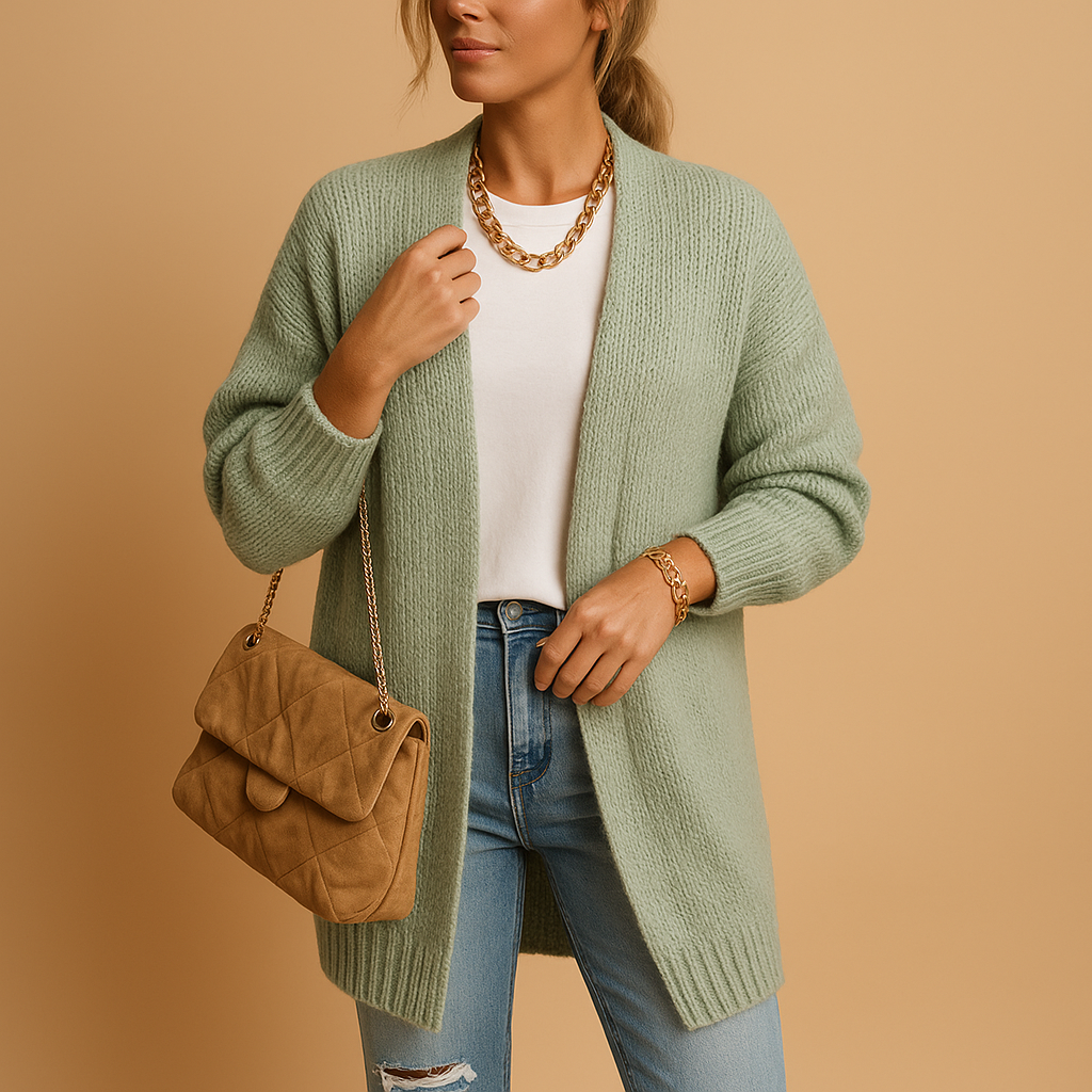 Women's classic knitted cardigan with a relaxed fit and open front, perfect for layering, casual wear, or cozy winter evenings.