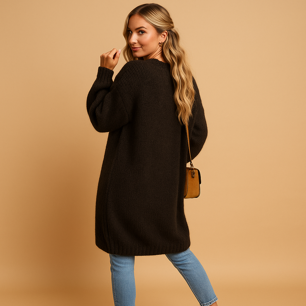 Women's classic knitted cardigan with a relaxed fit and open front, perfect for layering, casual wear, or cozy winter evenings.
