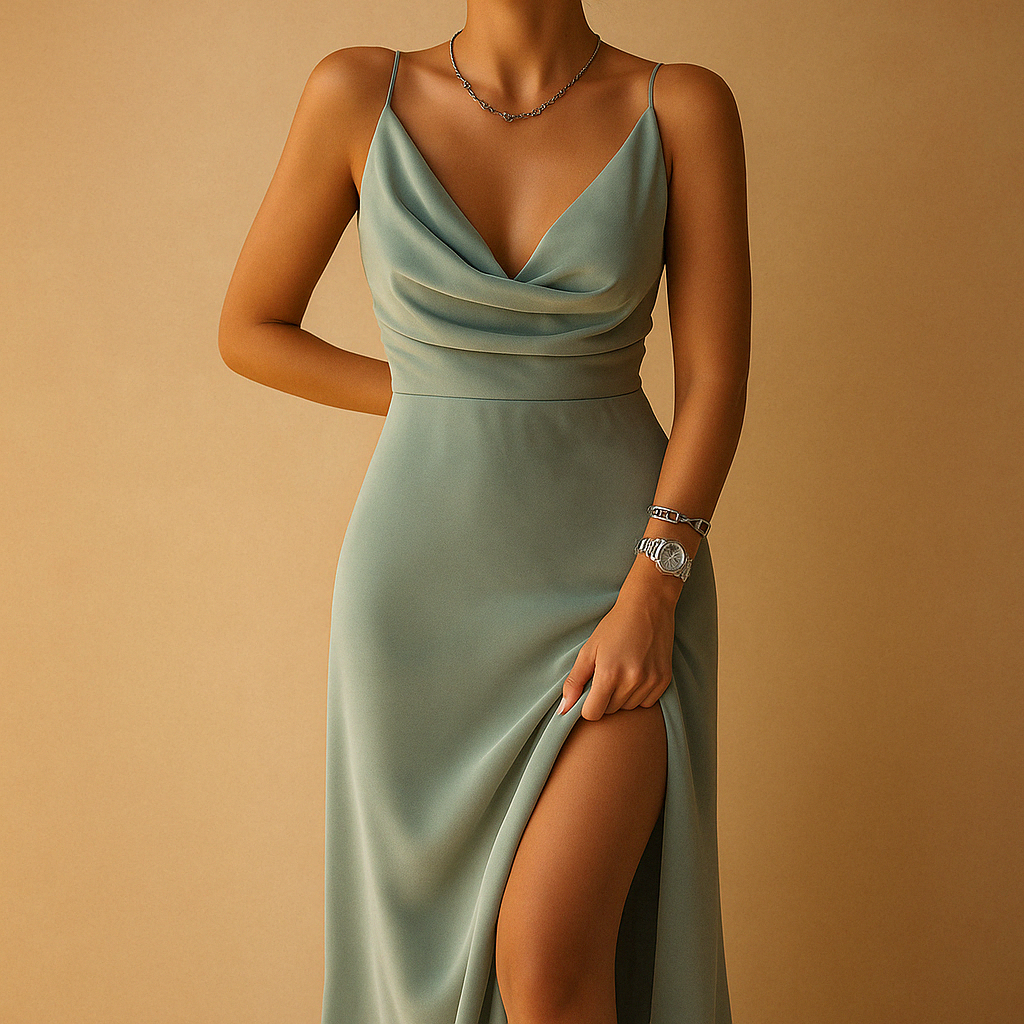 Elegant V-neck maxi dress for women with flowing fit and ankle length, perfect for weddings and formal occasions.
