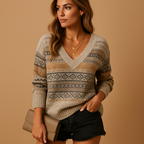 Women's elegant V-neck knitted sweater with a flattering feminine fit, perfect for casual days, office wear, or layered winter looks.