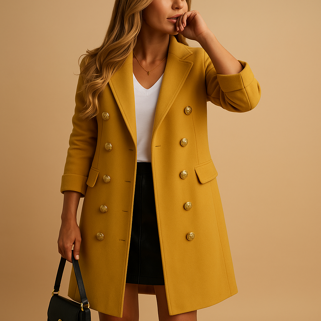 Women’s long belted trench coat with double-breasted buttons and waist belt, available in black or yellow for formal and casual outfits.