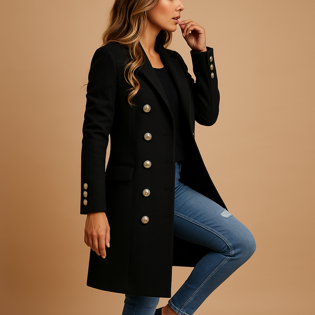 Women’s long belted trench coat with double-breasted buttons and waist belt, available in black or yellow for formal and casual outfits.