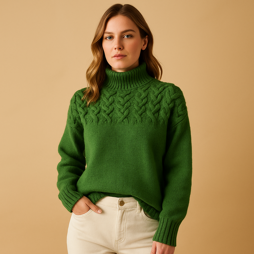 Women's long knitted turtleneck sweater with a soft, warm fit, ideal for casual wear or dressy winter outfits.