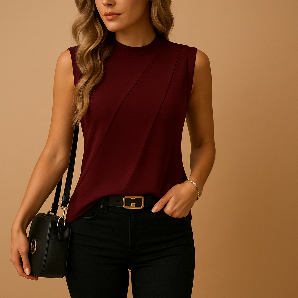 Airy basic T-shirt for women with a round neckline and lightweight fit, suitable for warm days and layering under jackets or blazers.