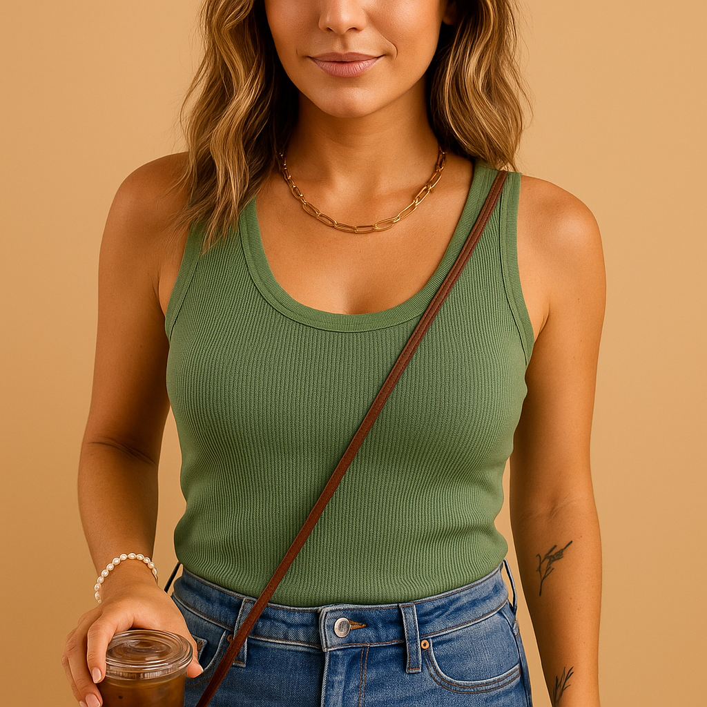 Airy U-neck tank top for women with a slim comfortable fit, suitable for summer days, casual outfits, and warm-weather outings.