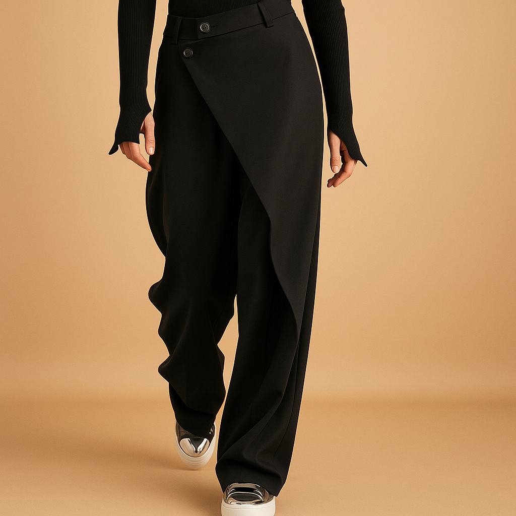 Women’s asymmetric baggy pants with a loose fit, double button closure, and modern cut, ideal for casual daytime or chic evening outfits.