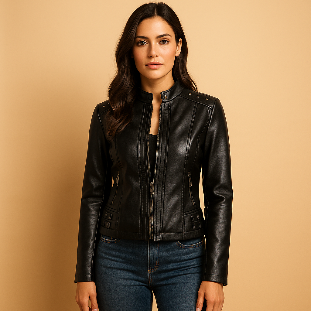 Women’s biker jacket with a structured silhouette, stand collar, metal details, and symmetrical zipper, suitable for everyday wear and stylish city outfits.