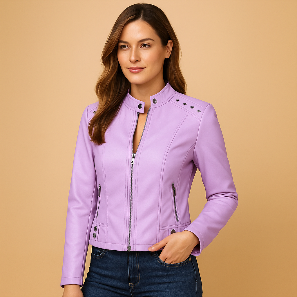 Women’s biker jacket with a structured silhouette, stand collar, metal details, and symmetrical zipper, suitable for everyday wear and stylish city outfits.