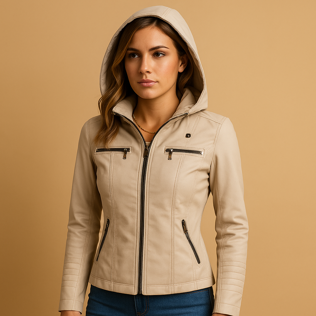 Women’s biker jacket with tailored fit, smooth finish, and practical pockets, ideal for casual and formal styling.