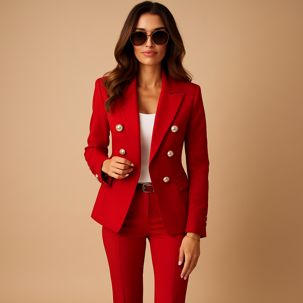 Elegant women’s blazer and pants suit with a flattering tailored fit, perfect for business meetings, office wear, or formal occasions.