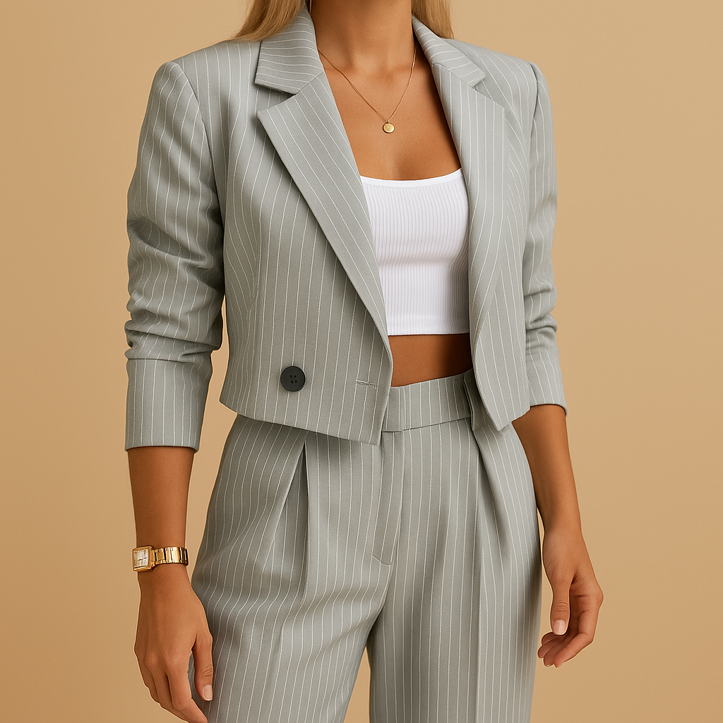 Women’s blazer and trousers set in classic blue or grey with a tailored fit, perfect for work, meetings, or smart-casual occasions.