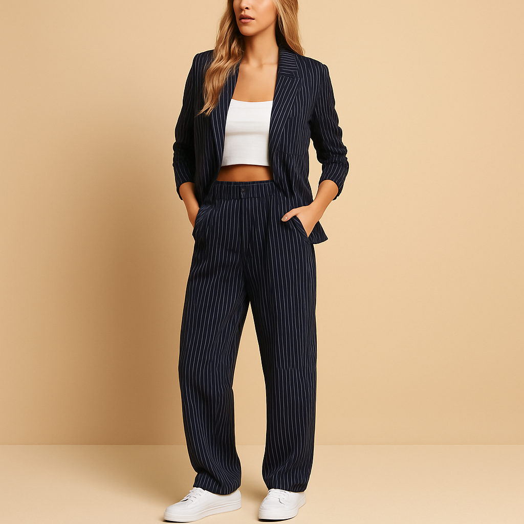 Women’s blazer and trousers set in classic blue or grey with a tailored fit, perfect for work, meetings, or smart-casual occasions.