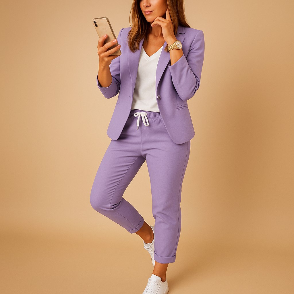 Women’s blazer and trousers set with a tailored fit, ideal for office wear, dinners, or formal occasions in elegant modern colors.