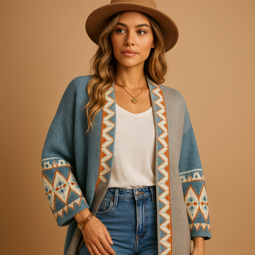 Women’s bohemian jacquard cardigan with colorful accents, relaxed fit, and cozy design for casual and creative outfits.