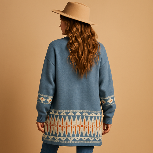 Women’s bohemian jacquard cardigan with colorful accents, relaxed fit, and cozy design for casual and creative outfits.