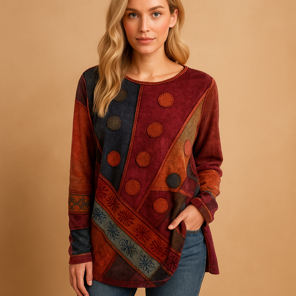 Women’s boho off shoulder top with ethnic print and long sleeves, ideal for festivals, sunny days, and casual outfits.