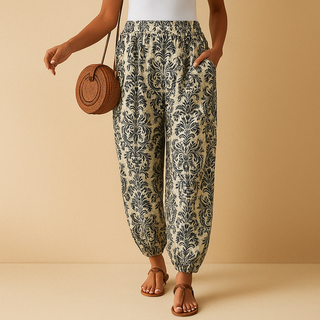 Women’s high waist boho pants Layla with flowy fit and flattering waistband, available in multiple colors. Perfect for summer and casual chic outfits.