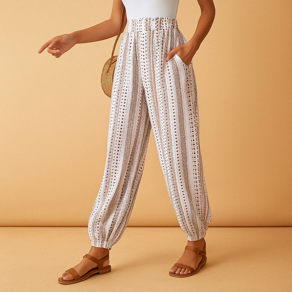 Women’s high waist boho pants Layla with flowy fit and flattering waistband, available in multiple colors. Perfect for summer and casual chic outfits.